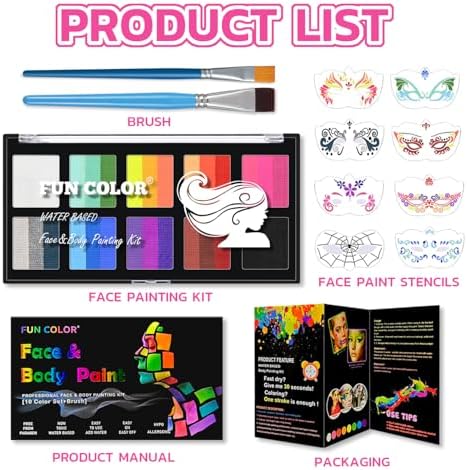 10 Color Rainbow Face Paint Kit with Face Stencils & Brushes - Split Cake Water Activated Palette,Washable Face Paint for Kids, Adults, Professionals Set for Halloween, Cosplay, Parties, Body Art（#02）