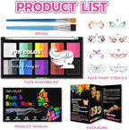10 Color Rainbow Face Paint Kit with Face Stencils & Brushes - Split Cake Water Activated Palette,Washable Face Paint for Kids, Adults, Professionals Set for Halloween, Cosplay, Parties, Body Art（#02）
