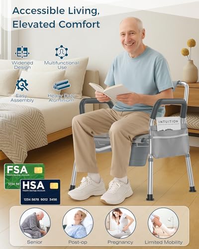 4 in 1 Heavy Duty Bedside Commode, Height Adjustable Adult Potty Chair, Shower Chair for Elderly, Disabled, Extra-Wide Seat, 350lbs Weight Capacity
