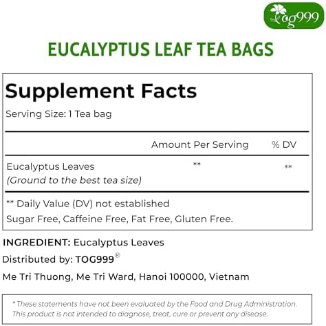 TOG999, Premium 100 Eucalyptus Leaf Tea Bags, 100% Natural & Pure Eucalyptus Leaves. Loose Leaf Eucalyptus Herbal Tea. Eucalyptus Leaf Tea. No Sugar, No Caffeine, No Gluten, Vegan.
