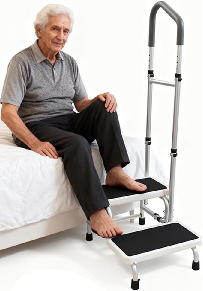 2-Step Stool with 5-Height Adjustable Handrail for Elderly Adults - Aluminum Frame Step Stool with Soft Foam Handles, Non-Slip Double Steps - Bed, Bathtub, Kitchen, Car Assist
