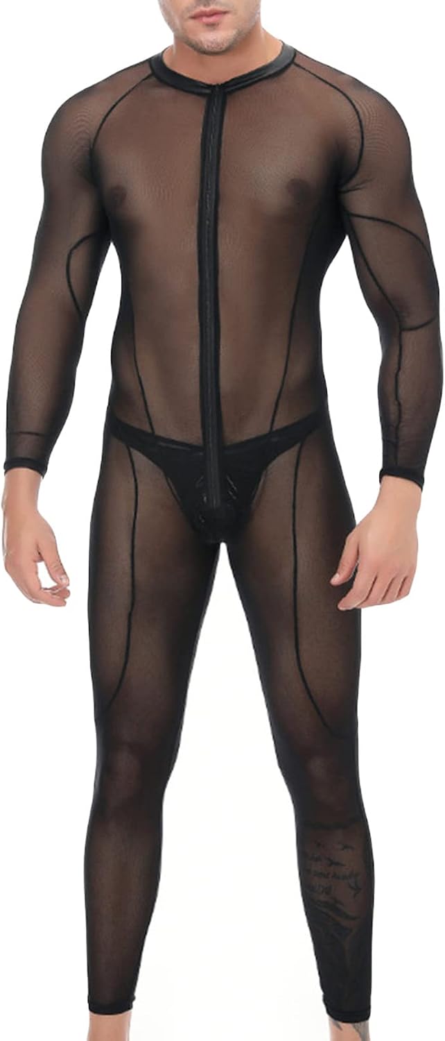 Mens Full Body Stockings Sexy Fishnet Lingerie Mesh Zipper Crotch Long Sleeve Bodysuits One Piece Jumpsuit Nightwear (Black,Medium)