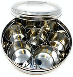 Rani Spice Box (7.5in x 2.8in) Stainless Steel Transparent Round Storage For Spices (Masala Dabba) 7 Compartments, with spoon ~ Packed in an attractive box, perfect for gifts!