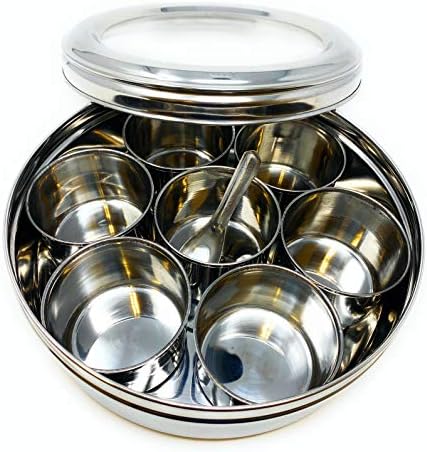 Rani Spice Box (7.5in x 2.8in) Stainless Steel Transparent Round Storage For Spices (Masala Dabba) 7 Compartments, with spoon ~ Packed in an attractive box, perfect for gifts!