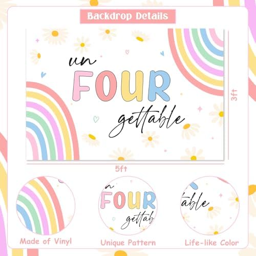 Unforgettable 4th Birthday Girl Decorations Backdrop 5 * 3ft Vinyl Cloth Fabric Photography Background for Princess Rainbow 4 Four Years Old 4th Girl Birthday Decoration