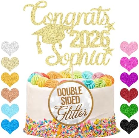 Personalized Graduation Cake Topper Class of 2026 Cake Toppers Graduation Gifts Glitter Congrats Cake Topper with Any Name for Son Daughter Friends Grandson Cake Decorations (Champagne Gold)