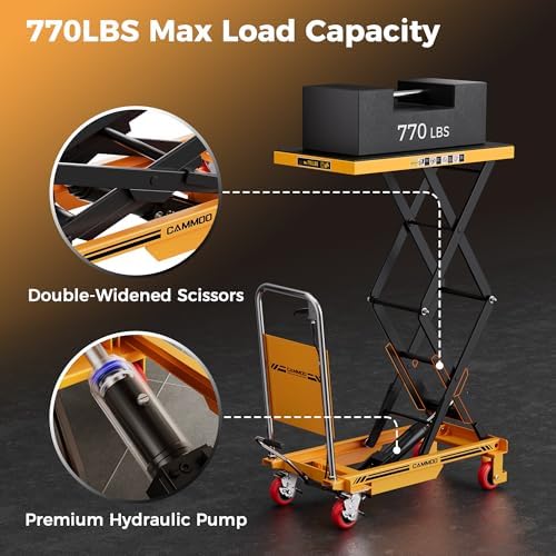 Hydraulic Double Scissor Lift Table, 770lbs Capacity 59" Lifting Height, Hydraulic Lift Table Cart with Non-Slip Pad & Safety Guard for Material Handling & Transportation, Yellow