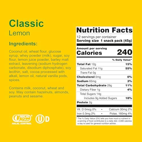 Loacker Classic Lemon Wafers - Premium Crispy Wafer Cookies with Lemon Cream Filling - Multipack of 12 Snack Packs - NON-GMO - Sicilian Lemons - 45g/1.59oz, Pack of 12
