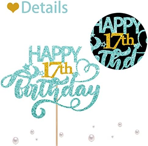 Sky Blue Glitter Happy 17th Birthday Cake Topper, Seventeen Years Old Birthday Party Cake Decor, Gold Number 17 Birthday Party Supplies Decorations for Teen Girl or Teen Boy