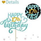 Sky Blue Glitter Happy 17th Birthday Cake Topper, Seventeen Years Old Birthday Party Cake Decor, Gold Number 17 Birthday Party Supplies Decorations for Teen Girl or Teen Boy