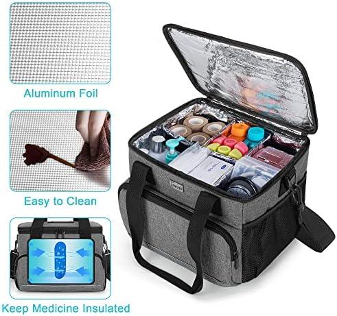 Trunab Insulated Medical Bag with Adjustable Dividers, Medicine Supplies Water-Resistant Bag for Home, Travel, Camping, Empty Bag - Patented Design,Grey