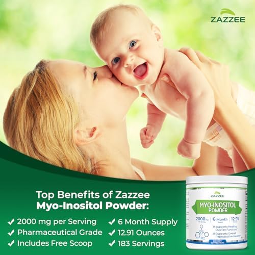Zazzee Myo-Inositol Powder, 6 Month Supply, 183 Servings, 2000 mg per Serving, Free Scoop for Exact Dosage, 12.91 Ounces, Certified Kosher, 100% Pure, Fertility & Reproductive Support, Made in the USA