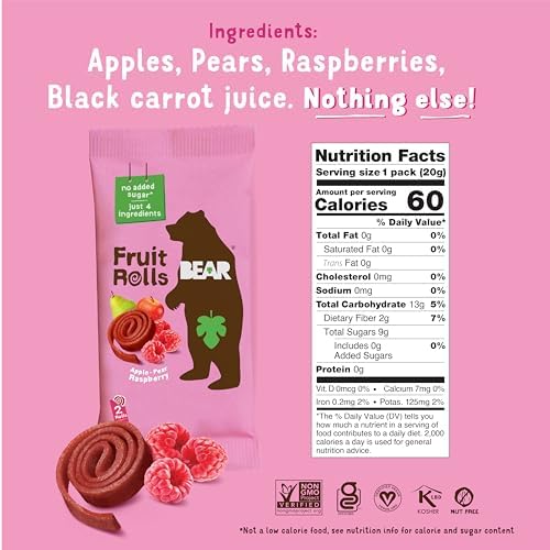 BEAR Real Fruit Snack Rolls - Gluten Free, Vegan, and Non-GMO - Raspberry – 36 Rolls, Healthy School And Lunch Snacks For Kids And Adults, 0.7 Ounce (Pack of 18)