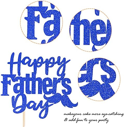 1 Pack Happy Father's Day Cake Topper Glitter Love Dad Cake Pick Super Dad Moustache Cake Decoration for Happy Father's day Theme Men Birthday Party Supplies Blue