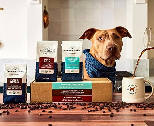 Grounds & Hounds Three Blend Starter Kit, Organic Whole Bean Coffee Variety Pack, Includes Morning Walk Breakfast Blend, Paper & Slippers Medium Roast, and Alpha Blend Dark Roast, Three 6oz Bags