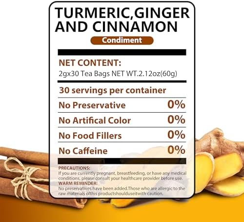 30 Turmeric Ginger Cinnamon Tea Bags, 100% Natural Ingredients Herbal Tea, Turmeric Ginger Herbal Blend for Wellness & Digestive Support, Vegan, No Sugar, Caffeine-Free, Smooth & Warming Taste