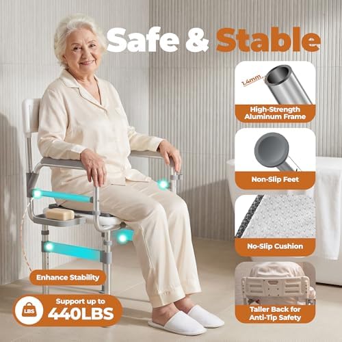 Folding Shower Chair for Inside Shower, Tub and Bathroom 440lb Weight Capacity - Height Adjustable Foldable Shower Chair for Elderly and Disabled - XXL Shower Seat with Arms, Back, Cushion & Shelf