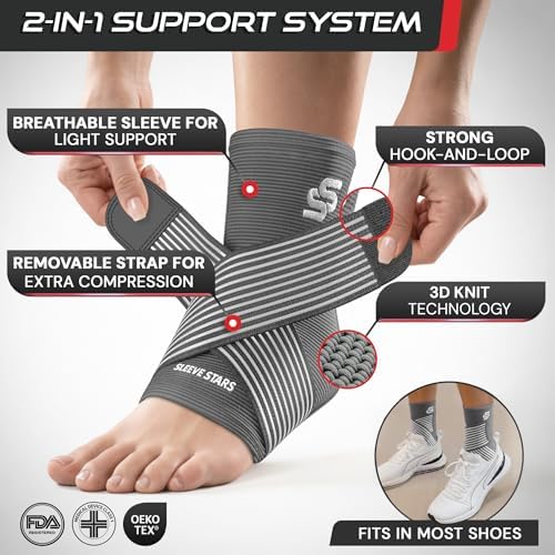 Sleeve Stars Ankle Brace for Women & Men, Ankle Wrap for Sprain, Compression Sleeve for Plantar Fasciitis Relief, Easy Customizable Support: w/ Removable Strap (Single/M:10"-12"/Grey)