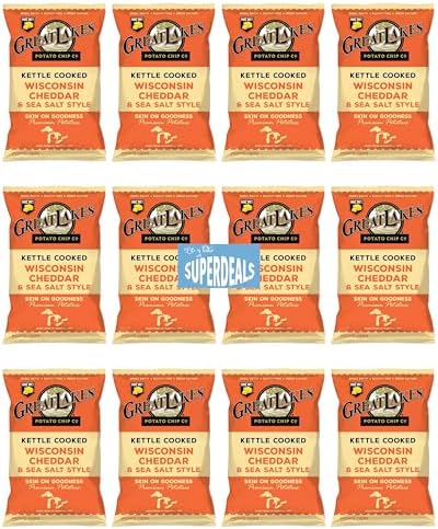 Kettle Cooked Potato Chips by Great Lakes Value Pack Bundled by SUPERDEALS | 1.375 Oz Bag | Wisconsin Cheddar | Pack of 12 with mystery bonus gift