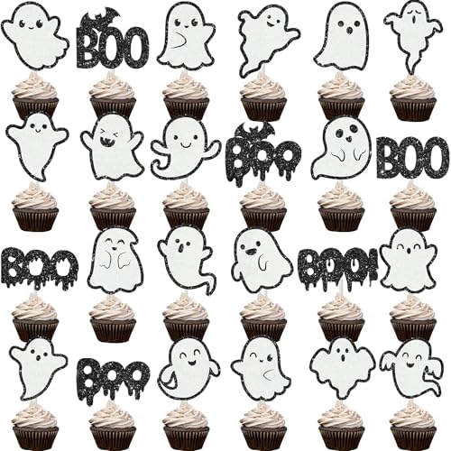 Halloween Ghost Cupcake Toppers Glitter Cake Decorations 24Pcs Halloween Boo Cupcake Picks White Ghost Cake Topper for Baby Shower Birthday Party Supplies