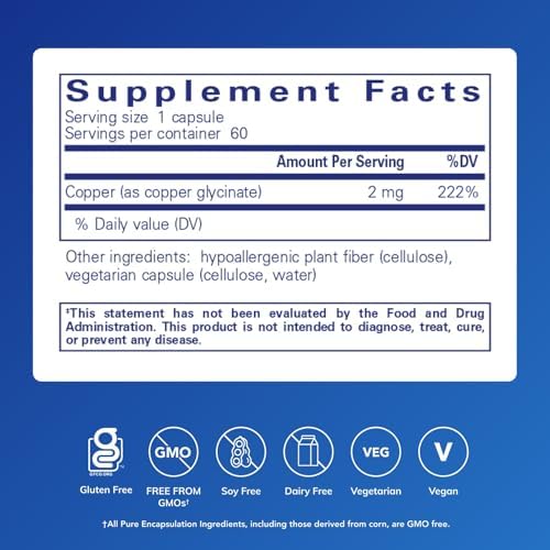 Pure Encapsulations Copper Glycinate 60's - 2 mg Copper Supplement, Supports Red Blood Cell Formation* - Aids Energy Metabolism - Non-GMO & Vegan - 60 Capsules