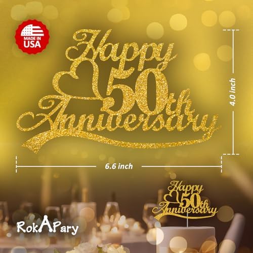 50th Anniversary Cake Topper Gold Glitter, 50 Wedding Anniversary Party Decoration Ideas, Premium Quality, Sturdy Doubled Sided Glitter, Acrylic Stick. Made in USA (50th Gold)