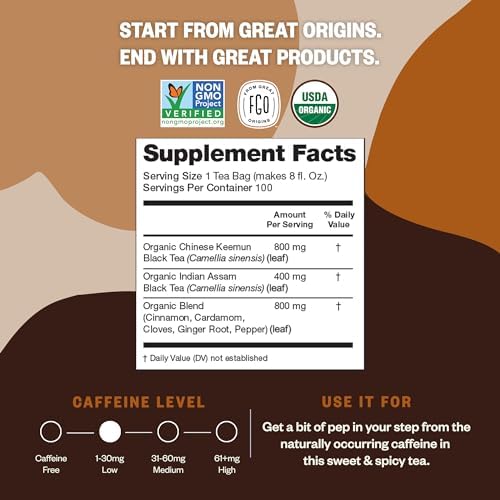 FGO Organic Chai Tea, 100 Count, Eco-Conscious Tea Bags, Resealable Bag, Packaging May Vary (Pack of 1)