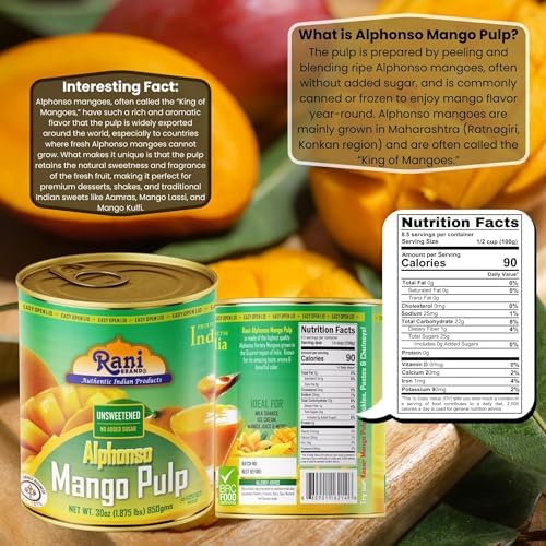 Rani Mango Pulp Puree (Makes Mango Lassi Shakes) Alphonso Unsweetened 30oz (1.875lbs) 850g ~ Kosher | All Natural | NON-GMO | Vegan | No colors | Gluten Friendly | Indian Origin