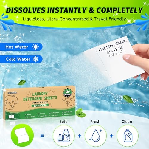 Laundry Detergent Sheets - Up to 120 Loads (60 Sheets),Unscented,Plastic Free,Laundry Detergent Strips for Travel,Dorms, Home,Apartments,Liquidless Technology,Eco Friendly& Hypoallergenic