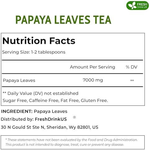 FreshDrinkUS, Premium 4oz Papaya Leaves For Tea, 100% Natural & Pure from Papaya Leaves. Loose Leaf Herbal Tea. Made with Natural Material Tea Bags. No Sugar, No Caffeine, No Gluten, Vegan.