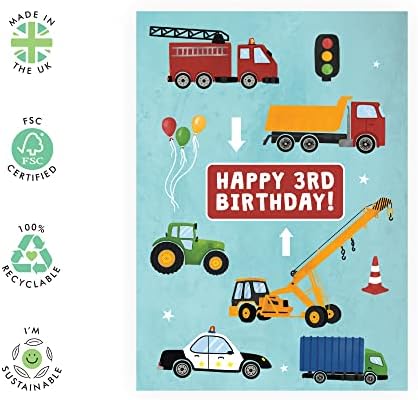 CENTRAL 23 Colorful Third Birthday Card for Boys - Happy 3rd Birthday - Age 3 - Three Year Old - Truck and Car Greeting Card - Fun Vehicle Themed Card for Kids - Son, Grandson, Toddler