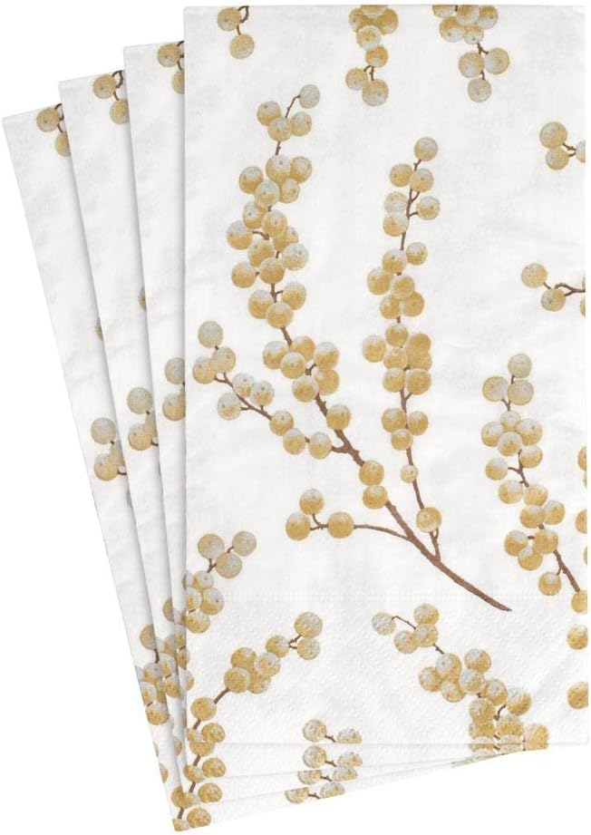 Caspari Berry Branches Paper Guest Towel Napkins in White & Gold - Four Packs of 15