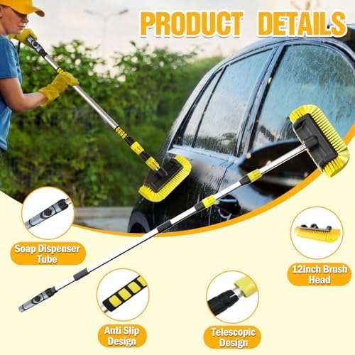 LAANPOLE 12FT Car Wash Brush with Long Handle, Car Cleaning Brush with 12 Inch Soft Bristle and Soap Dispenser, Solar Panels Cleaner with Telescoping Pole for RV, Truck, Boat, House Siding, Yellow