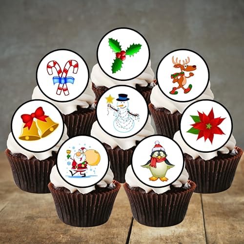 PRECUT Edible Christmas Cake Toppers, Christmas Baby Shower Decorations for Cake Decorating, Xmas Edible Cupcake Toppers, Festive Cookie Decor, Theme 1, 4cm / 1.5 inch (24)