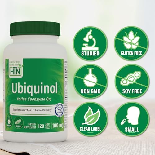 Health Thru Nutrition Ubiquinol 100mg 120 Softgels as Kaneka QH Reduced CoQ-10 | Stabilized - 3rd Party Tested | Enhanced Bioavailability | Cardiovascular & Mitochondria Function Support | Non-GMO