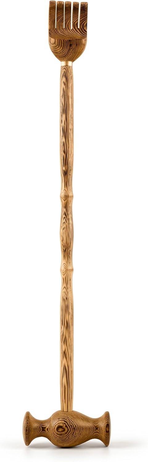 2-in-1 Wooden Back Scratcher Massager, Natural Wenge Wood Massage Hammer, Long Handle Ergonomic Back Itch Relief, Manual Body Massager for Muscle Relaxation, for Parents & Elders