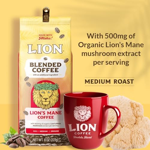 Lion’s Mane Coffee, Medium Roast with 500mg Lions Mane per Serving, Mushroom Coffee for Mental Clarity & Lasting Energy – Smooth Mushroom Blend – Ground - 8oz Bag