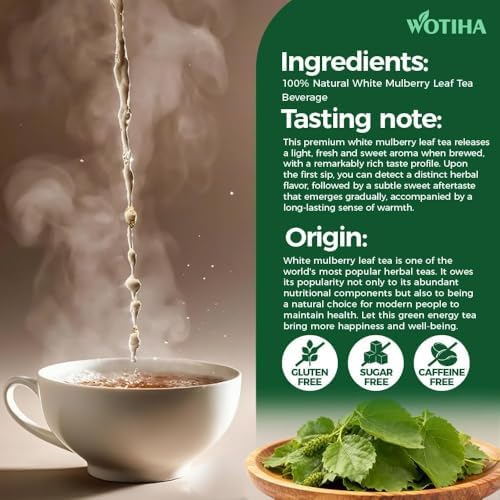 WOTIHA 50 Count Premium White Mulberry Leaf Tea Bags - 100% Natural & Pure, Improves Digestion, Supports Wellness, Slightly Sweet & Refreshing,Non-GMO Caffeine-Free, Additive-Free, Sugar-Free, Vegan