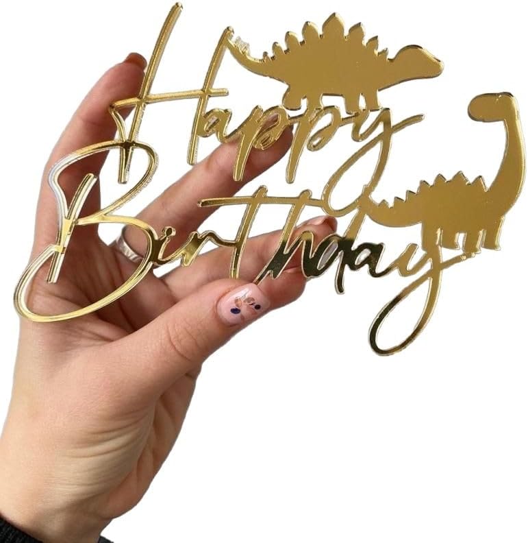 Happy Birthday Cake Toppers Mirror Acrylic Cake Topper Side Cake Decorations Gold Cake Inserts Cake for Brithday Party,1pcs (Dinosaur)