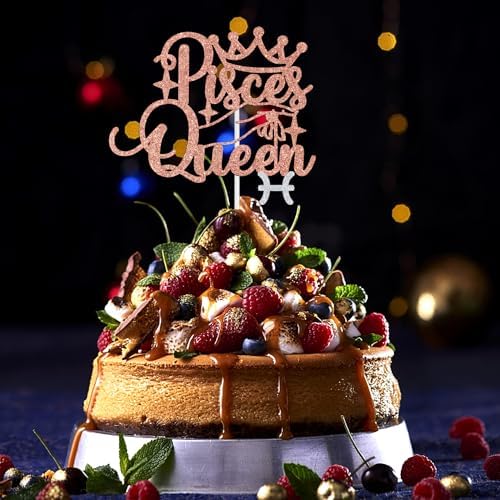 Pisces Queen Cake Topper – Big Pisces Energy Zodiac Sign Birthday Decor for February & March, Constellation Theme Party Supplies for Women, Rose Gold Glitter Cake Decoration