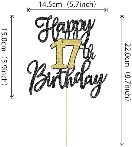 1 PCS Happy 17th Birthday Cake Topper Black Gold Glitter Cheers to 17 Years Birthday Cake Pick 17 Fabulous Cake Decoration for Happy 17th Birthday Anniversary Party Decorations Supplies
