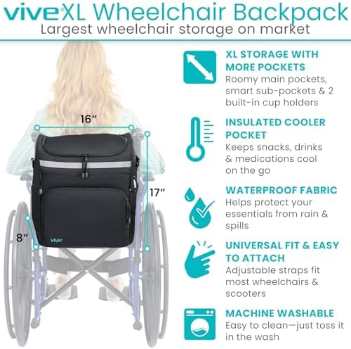 Vive XL Wheelchair Backpack for Seniors - Wheel Chair Bag for Storage & Accessories, Basket Organizer for Adults, Pouch to Hang on Scooters, Waterproof - Largest Wheelchair Storage Available