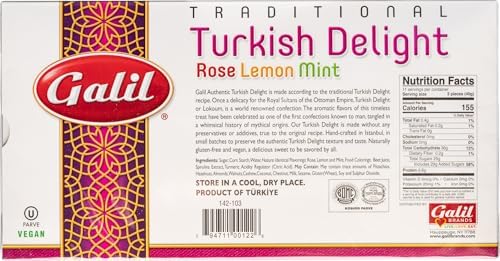 Turkish Delight Galil (Rahat Lokum) Rose Lemon Mint Flavor Gift Box – Authentic Traditional Turkish Dessert Assortment, Handmade in Turkey, Soft Chewy Powdered Sugar Coated Lokum, Kosher & Vegan Gourmet Middle Eastern Candy, 16oz/454g