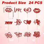 24pcs Valentine's Day Cupcake Toppers, Love Heart Rose Happy Valentines Day Cupcake Topper Red Glitter Valentine's Day Picks Party Cake Decorations for Wedding Valentine's Day (Red)