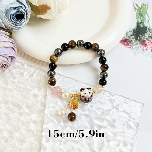 Lucky Cat Bracelet Feng Shui Good Luck Jewelry for Women, Wealth & Fortune Protection - Natural Gemstone Crystal Bracelets