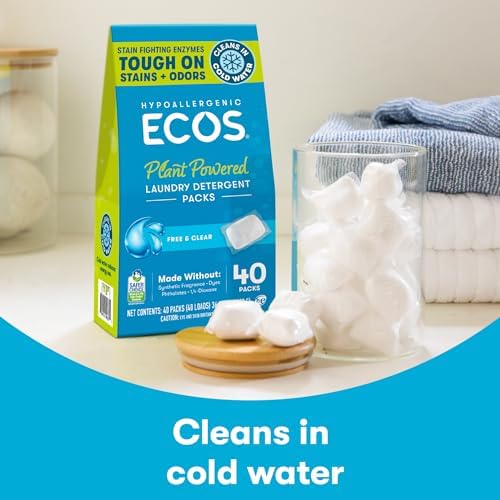 ECOS Laundry Detergent Packs, 80 Loads - 100% Plastic Free Packaging - Convenient No Mess Washing Soap Packs - Hypoallergenic for Sensitive Skin - Free & Clear