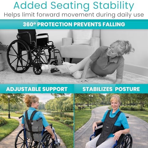Vive Wheelchair Seatbelt - Wheelchair Harness for Adults, Anti-Slip Safety Belt with Adjustable Straps, Medical Restraints for Elderly People, Torso Support (Black)