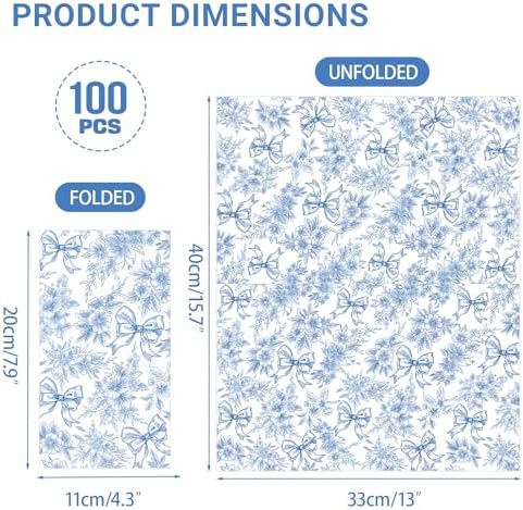 100 PCS Blue Napkins Disposable, Blue Bow Floral Napkins, 3 Ply Printed Decorative Flower Guest Napkin, Chinoiserie Napkin, Bridal Shower Wedding Decorations, Birthday Table Party Supplies