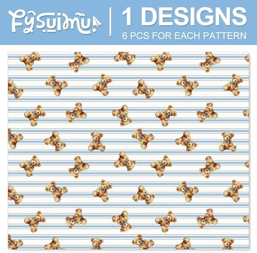 FYSUIMU 6 Sheets Bear Wrapping Paper - Not Roll - Blue Bow Stripe Brown Bear Gift Wrap Paper Folded Flat for Baby Shower Birthday DIY Crafts, 19.7 x 27.6 Inch