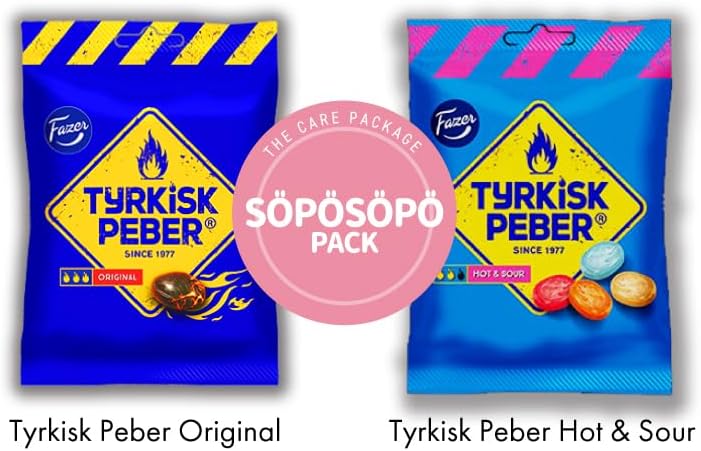 Fazer Tyrkisk Peber Original 150g and Tyrkisk Peber Hot & Sour 150g set SÖPÖSÖPÖ Pack Variety 2 Pack Care Package Treats Gift Basket Boxes Pack